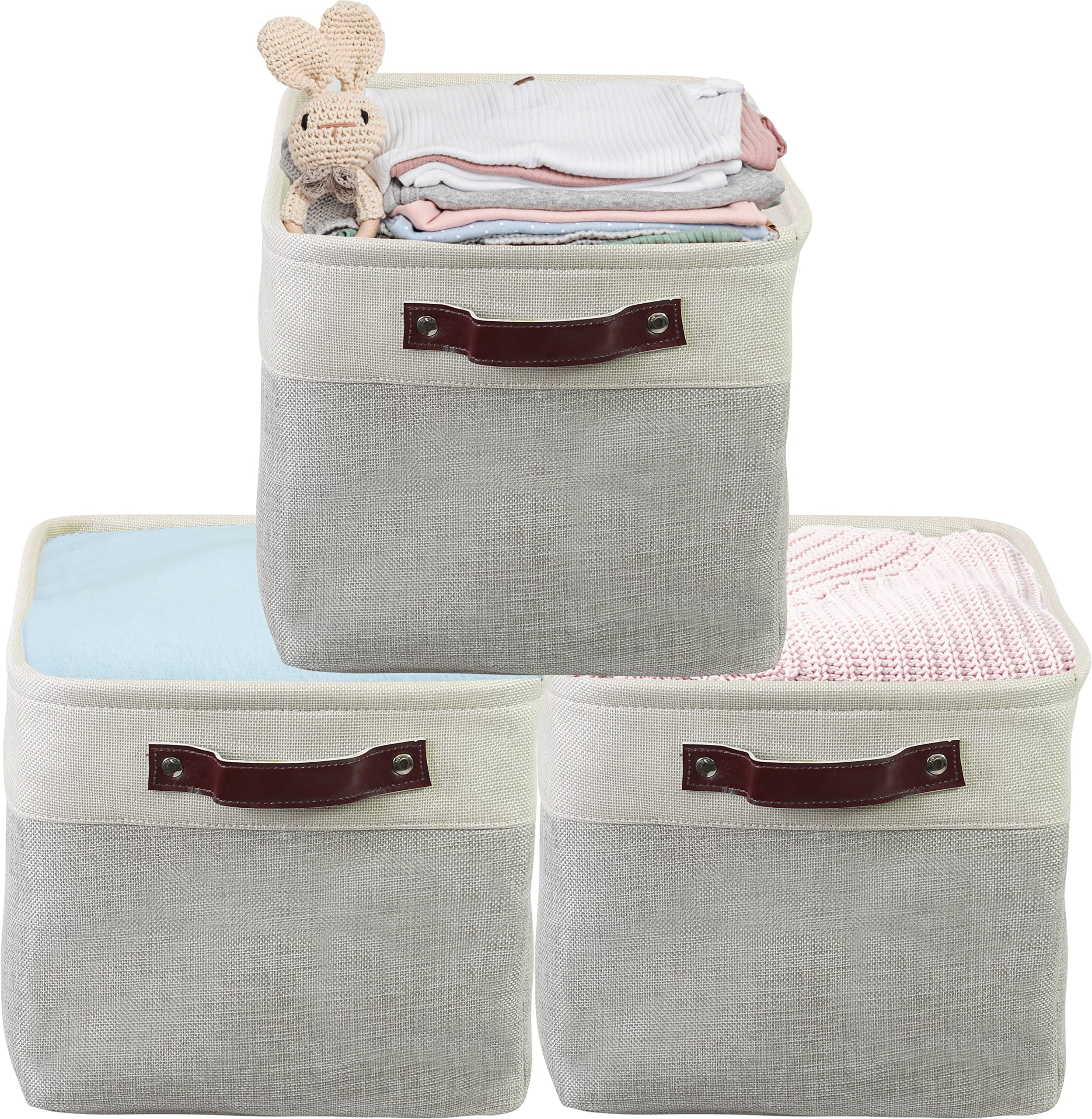 3 Pack Grey Fabric Storage Bin with Leather Like Handles