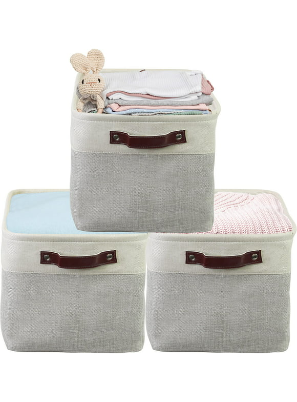 3 Pack Grey Fabric Storage Bin with Leather Like Handles