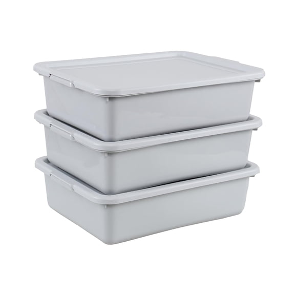 3-Pack Grey Plastic Bus Tubs with Lids 13L Storage Containers