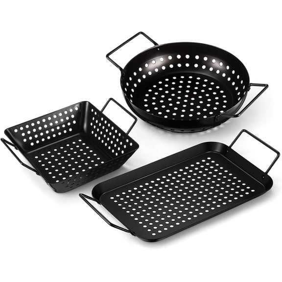 3 Pack Grill Basket Set for Outdoor Grill, Stainless Steel Vegetables Grilling Basket with Holes and Handles, Nonstick Barbecue Pan for Seafood Meat Grilling Accessories Gifts for Men