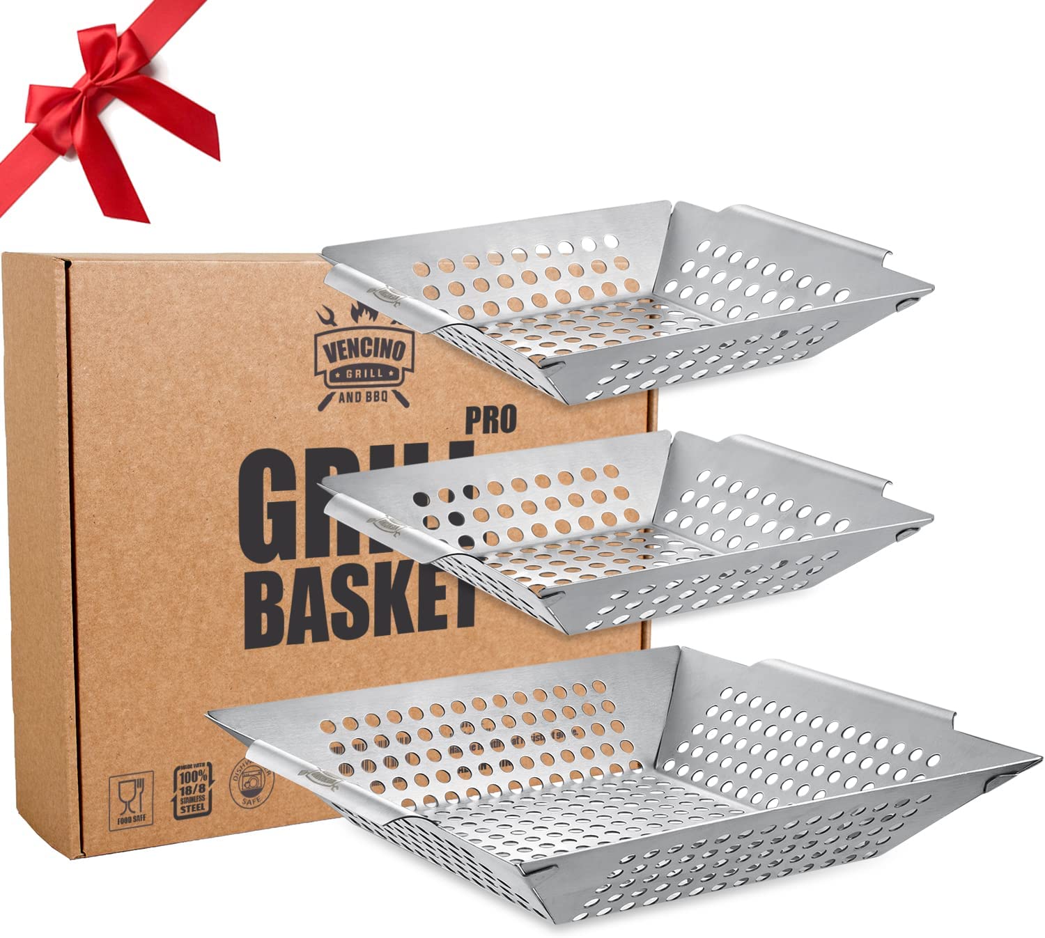 3 Pack Grill Baskets for Outdoor Grill, Heavy Duty Stainless Steel Vegetable Grill Basket, Grilling Basket for Veggies, Grilling Accessories for All Grills & Smokers - Grilling Gifts for Men - image 1 of 7
