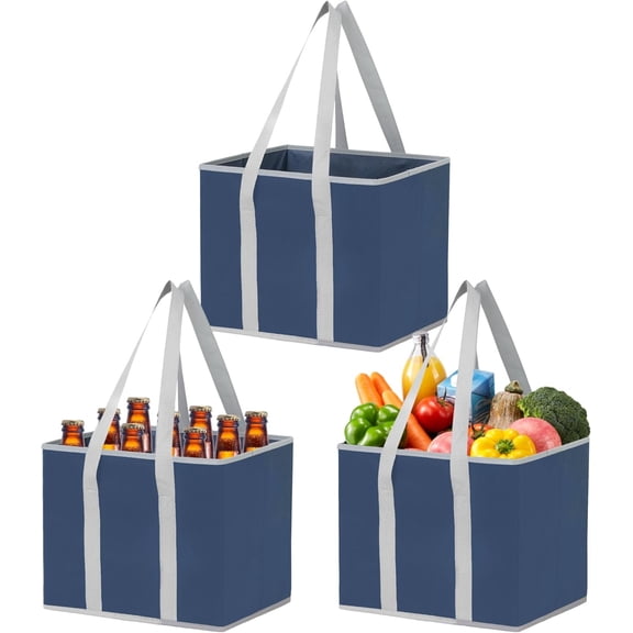 3 Pack Grocery Bags, Shopping Bags for groceries, Utility Tote with Handles and Hard Bottom, Foldable Shopping Cart Organizer, Heavy-Duty (Dark Blue, 6 Gallon-3 Pack)