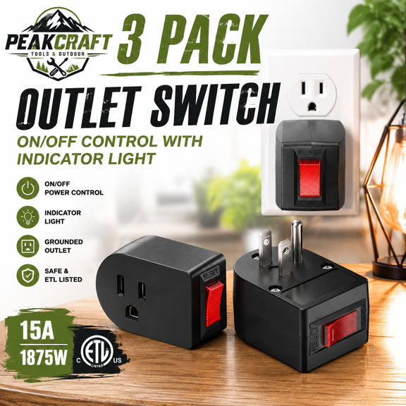 3 Pack Grounded Outlet Switch with On Off Button, Single Plug In Wall Outlet Adapter, Power Control Switch with Indicator Light, 15A 1875W ETL Listed