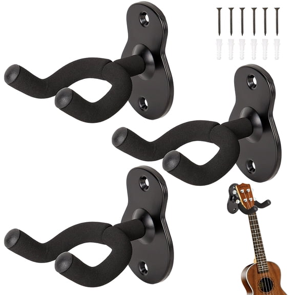 3 Pack Guitar Wall Mount Hanger, Universal Hook Stand for Acoustic/Electric Guitar, Bass, Ukulele, Banjo & Mandolin