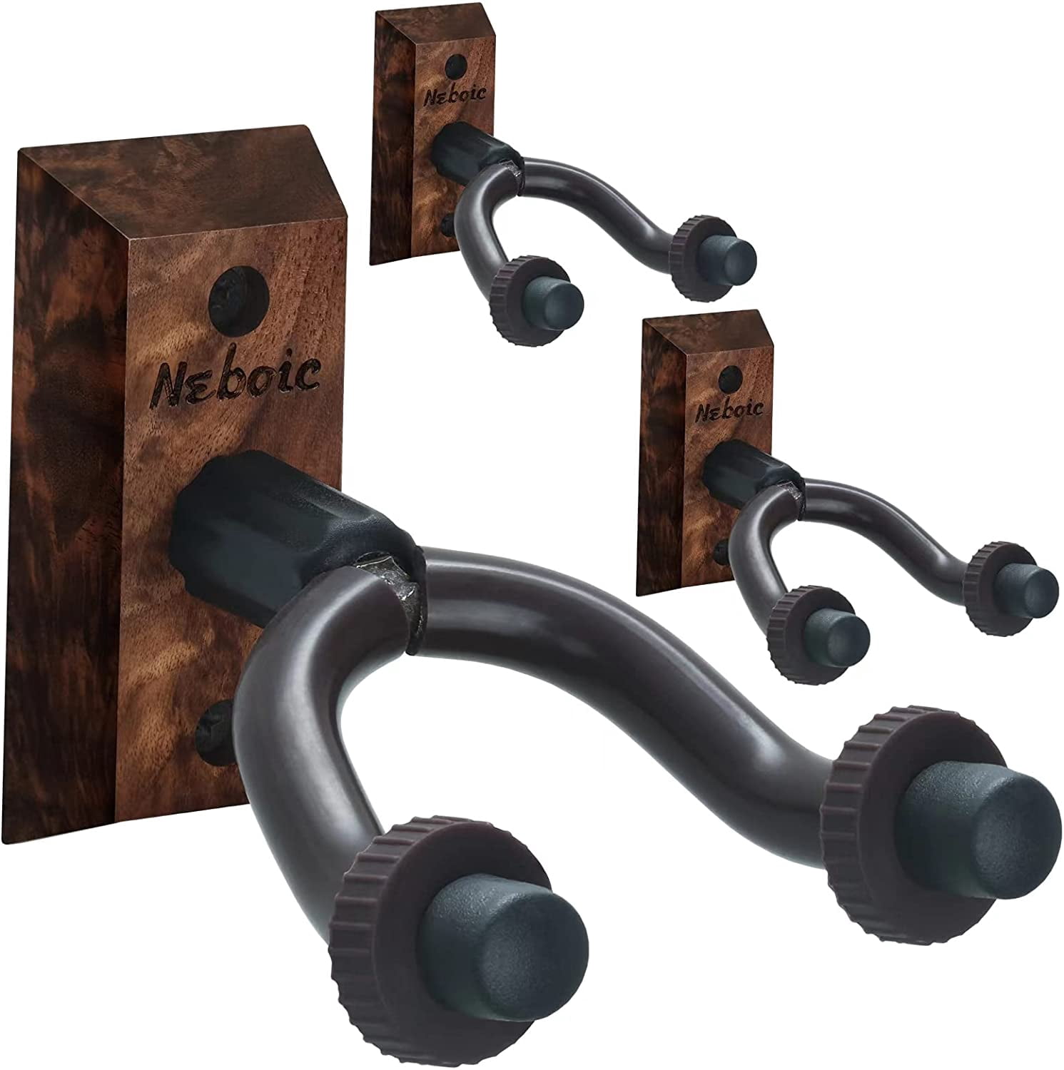 3 Pack Guitar Wall Mounts - Wooden Guitar Hangers with Hooks for Acoustic, Electric, Bass, Ukulele, Banjo, Mandolin