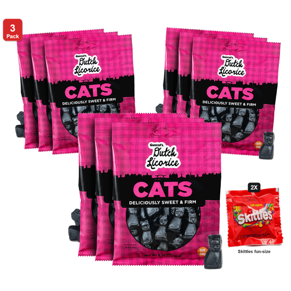 3 Pack | Gustafs Dutch Licorice Cats, 3 Bags x 5.2 oz, with 2 Skittles Fun Size