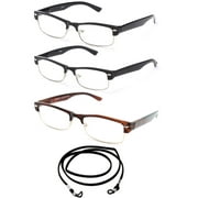 3 Pack Half Frame Semi Rimless Spring Hinge Fashion Reading Glasses with Lanyard +1.50