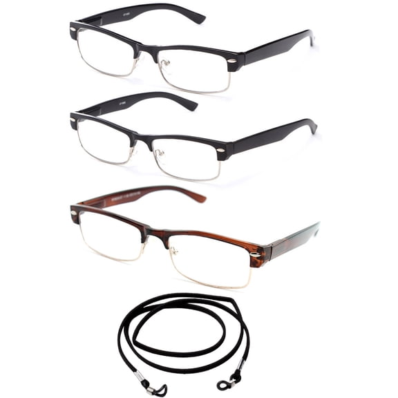 3 Pack Half Frame Semi Rimless Spring Hinge Fashion Reading Glasses with Lanyard +1.50