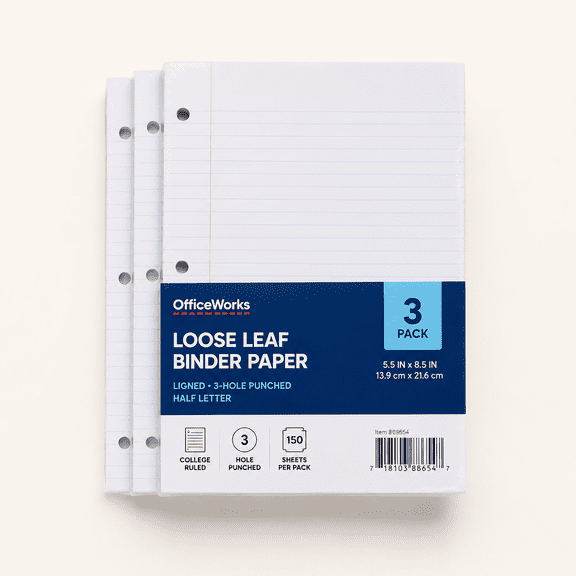 (3 Pack) Half Letter Lined Paper, 3-Hole Punched Filler Paper Fits in Half Letter 3-Ring Binders, 100Sheets/200Pages, 100gsm White Loose-leaf Binder Paper