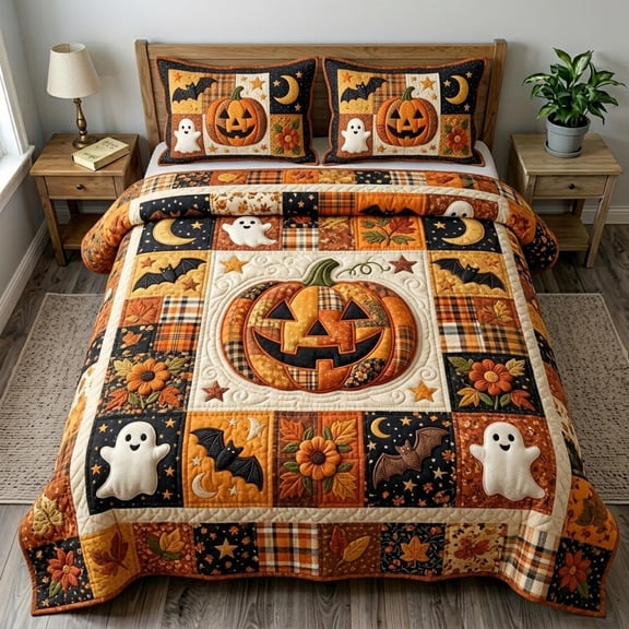 3 Pack, Halloween Bedding Halloween Quilted Bedspread Halloween Decor for Bedroom Halloween Pumpkin Decor Ghost Bat Print Quilt Bedding Set Fall Bedroom Decor with Quilted Pillow