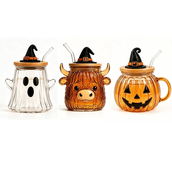 3 Pack Halloween Cup Set, 12oz Cute Coffee Cup with Lid Straw, Halloween Decoration Gift for Kiddo Women Men
