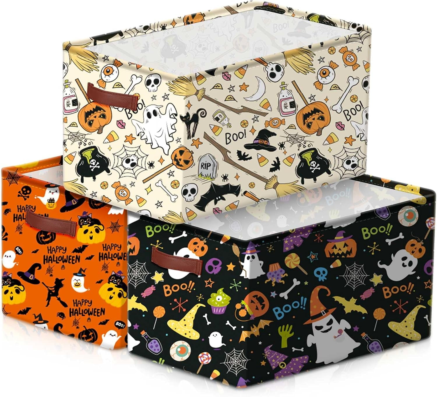 3 Pack Halloween Ghost Basket with Handles, Collapsible Large Canvas Storage Baskets, Spooky Skull Pumpkin Cat Foldable Storage Box with Handles Organizer Bins for Bedroom Home Office