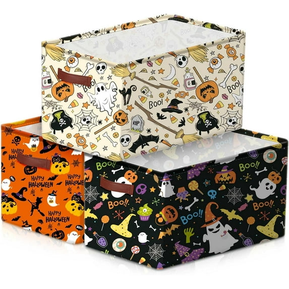 3 Pack Halloween Ghost Basket with Handles, Collapsible Large Canvas Storage Baskets, Spooky Skull Pumpkin Cat Foldable Storage Box with Handles Organizer Bins for Bedroom Home Office