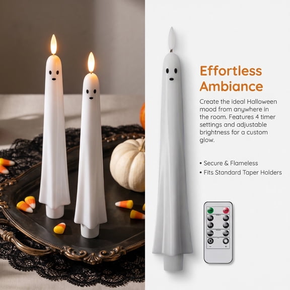 3 Pack Halloween Ghost Flameless Taper Candles Flickering Battery Powered LED Taper Candles, Long Stem Fit Standard Holders Timing Remote Plastic Flameless Candle For Gothic Room Shelf Decor