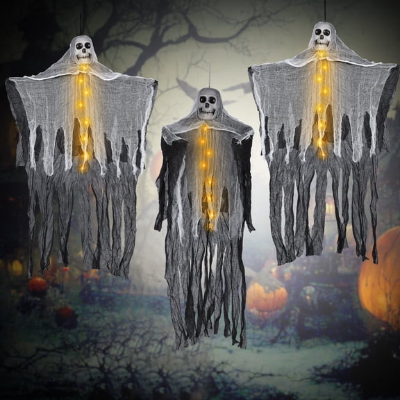 3 Pack Halloween Hanging Skeleton Ghosts with LED Halloween Tree Hanging Decor Flying Ghost for Haunted House Prop Halloween Outdoor Decor