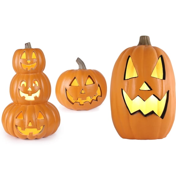 3-Pack Halloween Jack O Lanterns (10", 14", 16") Waterproof Light-Up Pumpkins for Indoor/Outdoor Decor