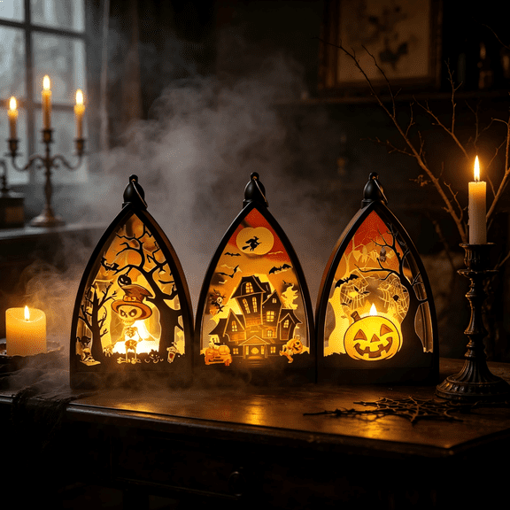 3 Pack Halloween LED Lantern Decor, Skeleton Haunted House Pumpkin Pattern, Battery Operated Tabletop Hanging Decor for Halloween Party Fireplace Mantel Indoor Home Decor
