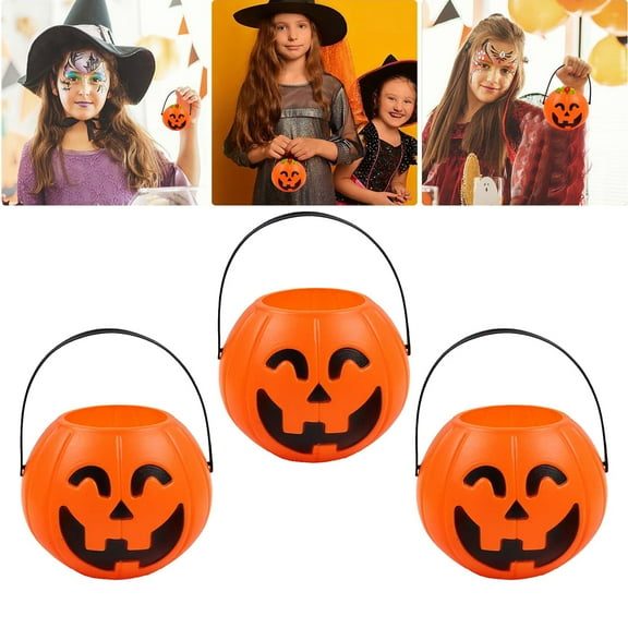3 Pack Halloween Pumpkin Bucket, Halloween Pumpkin Trick or Treat Buckets, Portable Plastic Jack-O-Lantern Pumpkins Candy Holder for Halloween Home Decor, 2.76inch