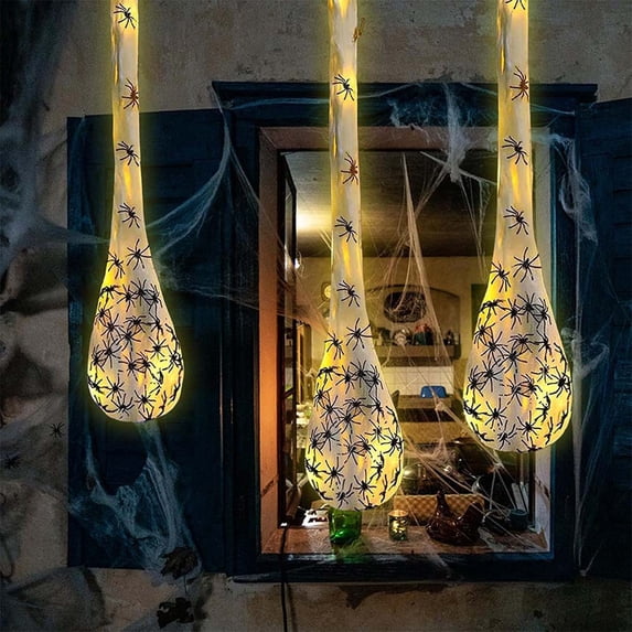 3 Pack Halloween Spider Egg Sacs Warm Yellow LED Lighted Spider Egg Hanging Decor Indoor Outdoor Yard Lawn Tree Party Scene Ornaments