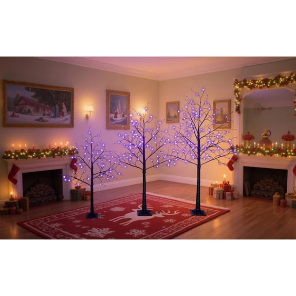 3-Pack Halloween Spooky Tree with Purple LED Lights, 4FT 5FT 6FT Lighted Black Halloween Decor, Adjustable Branches Indoor Outdoor Decorations for Haunted House Party