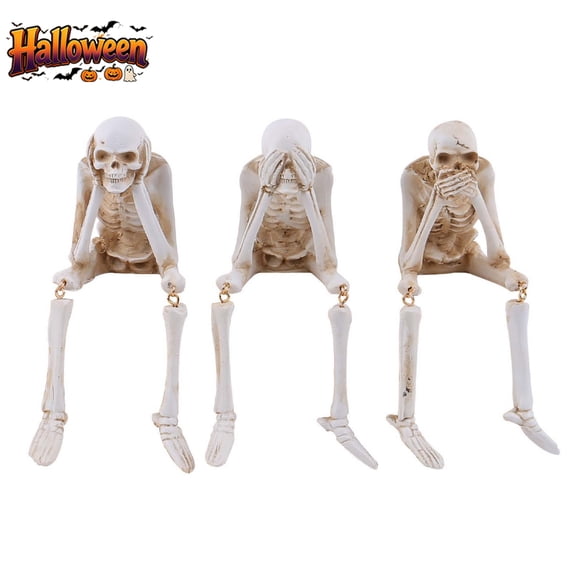 3 Pack Halloween Statues No-Evil Skeleton Collectible Figurines,Realistic See Speak Hear No Evil Skull Decorations for Gothic Home Decorations, Shelf Mantel Decor,Tabletop Halloween Decor Indoor