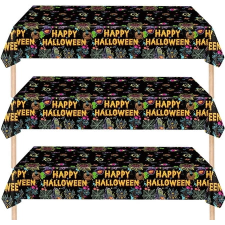 3 Pack Halloween Tablecloths 108 x 54 inch, Rectangular Plastic Pumpkin Ghost Bat Spider Web Happy Halloween Table Cover for Halloween Party Decorations Favors Supplies Indoor Outside Home Decor