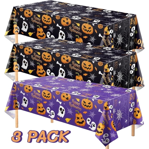 3 Pack Halloween Tablecloths 87 x 51 inch, Rectangular Plastic Ghost Pumpkin Spider Web Table Cover for Halloween Party Decorations Favors Supplies