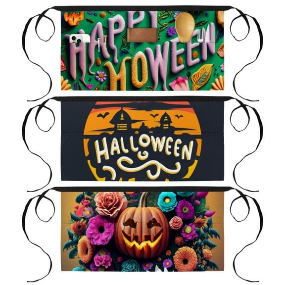 3 Pack Halloween Waist Aprons with 3 Pockets - Waitress Waiter Server Short Aprons