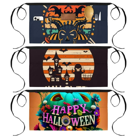 3 Pack Halloween Waist Aprons with 3 Pockets - Waitress Waiter Server Short Aprons