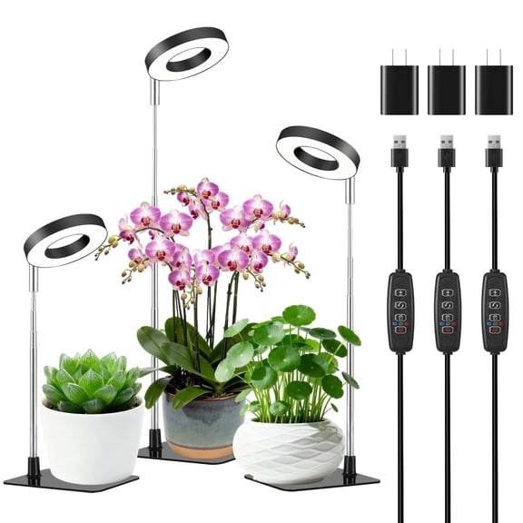 3 Pack Halo Grow Light for Indoor Plants - Height Adjustable 48 LED Full Spectrum Plant Light with Auto Timer, 3 Optional Spectrums & 10 Dimmable Levels (with Base)