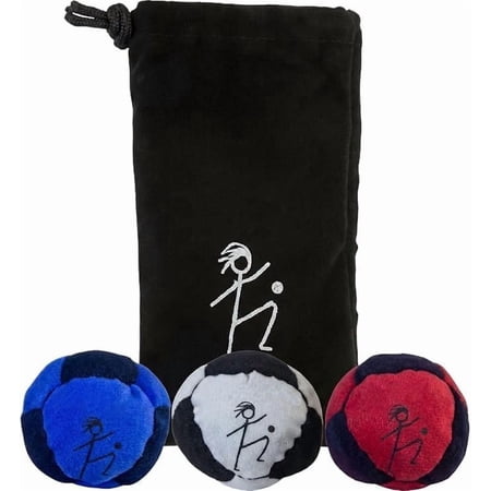 3 Pack Handmade 8-Panel Sand Filled Footbag Kick Sacks with Signature Storage Pouch, Soft Durable Hacky Sack Set, Portable Indoor Outdoor Sports & Fidget Toy for All Ages