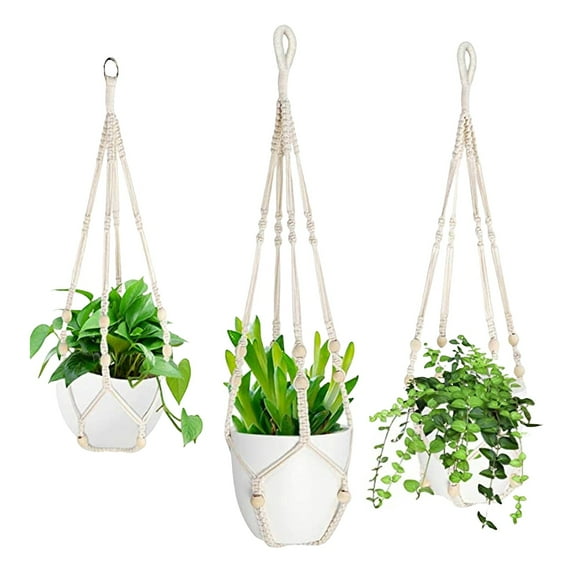 3-Pack Handwoven Cotton Rope Planter Hanging Net - 18 Inch Size With Cotton Core Flat & Round Flower Weave - For Indoor Outdoor Garden Balcony Patio Plant Hanging Decoration
