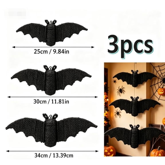 3 Pack Handwoven Natural Paper Rope Black Bat Wall Hanging, Assorted Size Gothic Wicker Halloween Decor, Indoor Covered Outdoor Rustic Farmhouse Wall Art