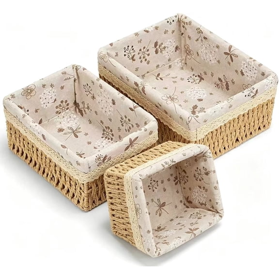 QianSai 3-Pack Handwoven Storage Baskets with Liners, Rectangular Paper Rope Organizer Bins, Nesting Design for Shelves, Bedroom, Bathroom, Farmhouse Decor, Beige