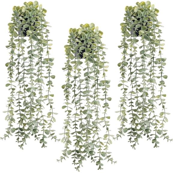 3 Pack Hanging Artificial Eucalyptus Plants in Black Pots 24 Inches Long Grey