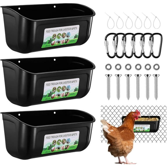 3 Pack Hanging Chicken Feeder Trough, Duck Feeders and Waterers with Heavy Duty Carabiners, Goat Feeders for Sheep,Piglet, Gooses, Turkeys, Dog Livestock Poultry, Black