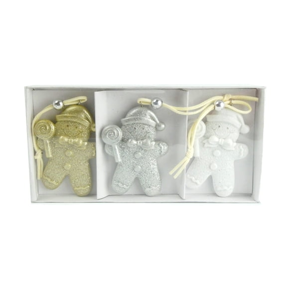 3 Pack Hanging Christmas Tree Ornaments - Gingerbread Cookies in Gold, Silver and White