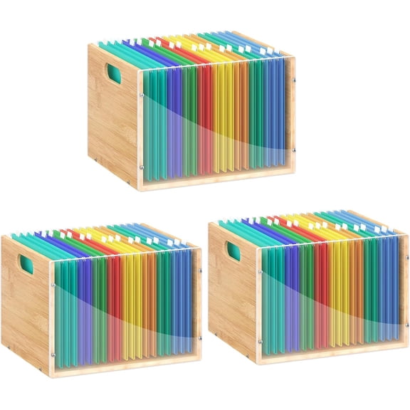 3 Pack Hanging File Organizer, Acrylic File Box Organizer, Bamboo File Crate File Cabinet Storage Box, File Folder Organizer for Home Office Desk, Letter Size