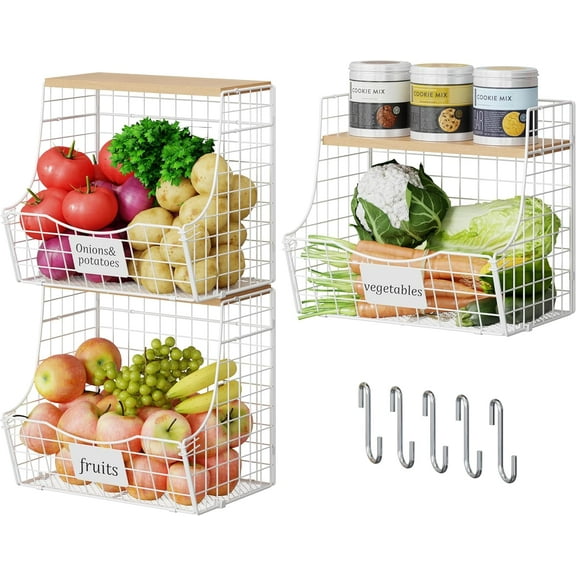 3 Pack Hanging Fruit Basket for Kitchen with Wood Lid - Onion and Potato Storage Fruit Bowl with Nameplate for Counter&Wall Mounted, Stackable Storage Basket, Metal Hanging Wire Baskets White