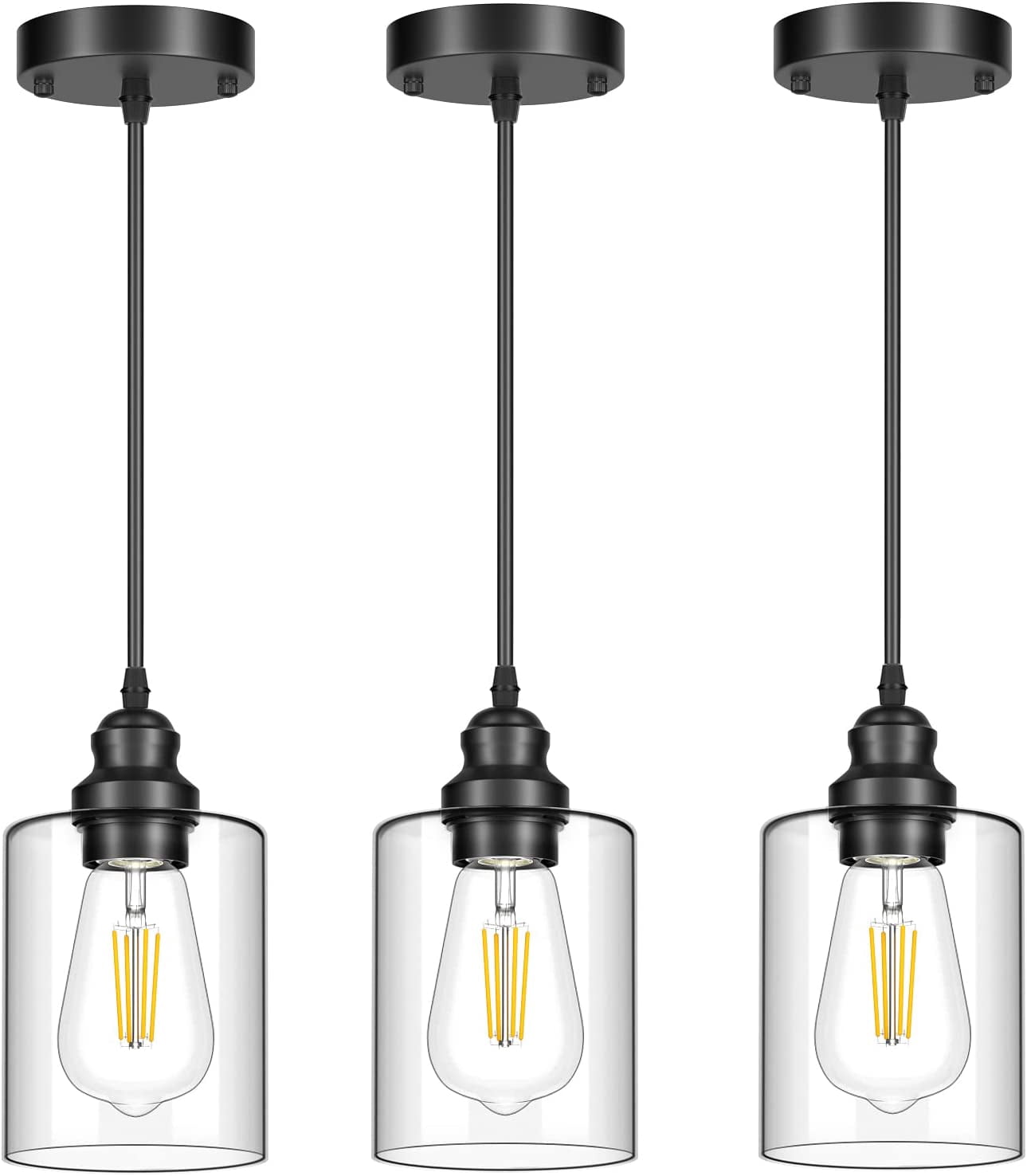 3 Pack Hanging Pendant Lighting Fixtures, Adjustable Black Hanging Ceiling Lamp with Clear Glass Shade, Modern Pendant Light for Kitchen