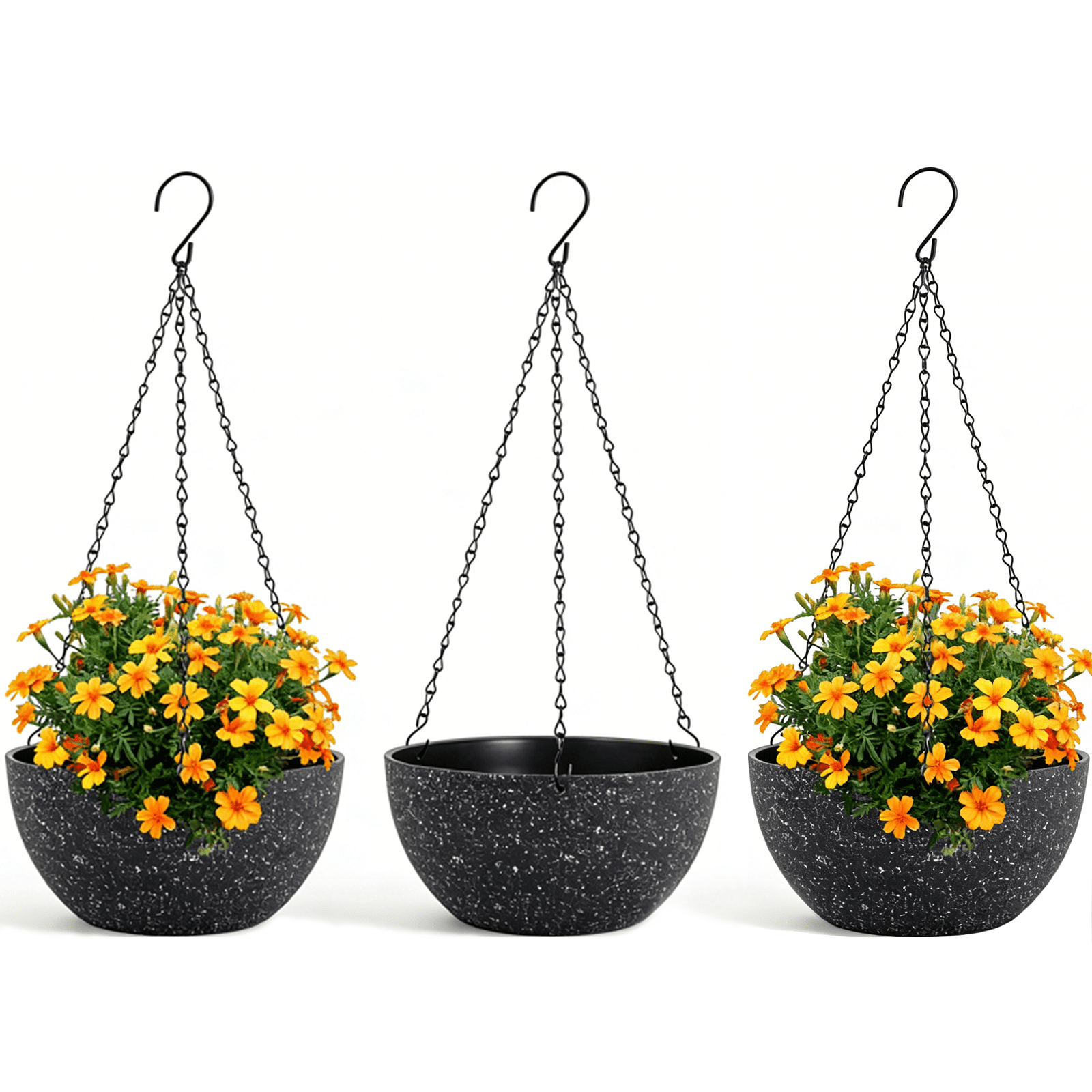 3 Pack Hanging Planters for Indoor Outdoor Plants, LAIJAUR 9 Inch Flower Pots with Drainage Holes and Chains, Plastic Hanging Baskets with S-Hooks for Home and Garden Decor, Black