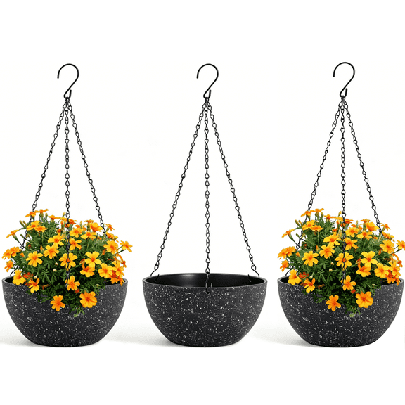 3 Pack Hanging Planters for Indoor Outdoor Plants, Keyrank 9 Inch Flower Pots with Drainage Holes and Chains, Plastic Hanging Baskets with S-Hooks for Home and Garden Decor, Black