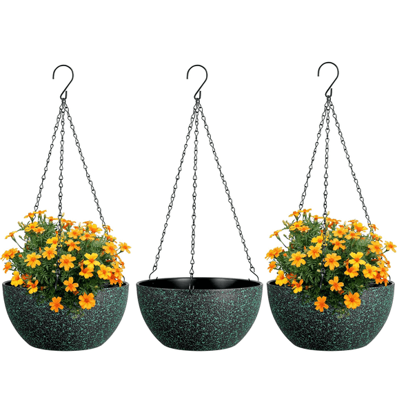 3 Pack Hanging Planters for Indoor Outdoor Plants, Keyrank 9 Inch Flower Pots with Drainage Holes and Chains, Plastic Hanging Baskets with S-Hooks for Home and Garden Decor, Dark Green