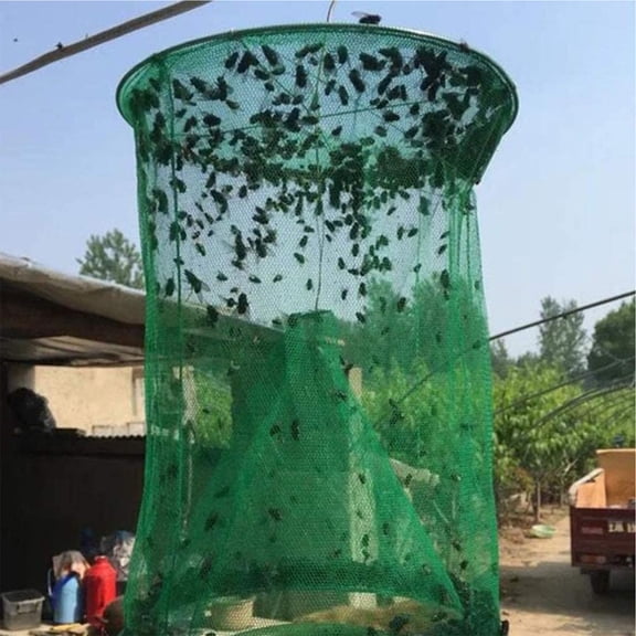 3-Pack Hanging Reusable Fly Trap Cage, Foldable Green Mesh Fly Catcher With Detachable Bait Bowl, For Farm Stable Restaurant Backyard Garde