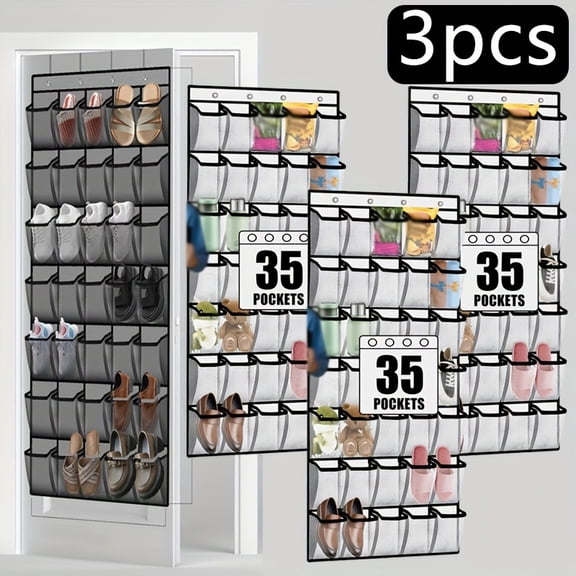 3-Pack Hanging Shoe Organizer, 35-Pocket Wall-Mounted Storage for Sneakers, Heels, Boots - Space-Saving Rack with Hooks