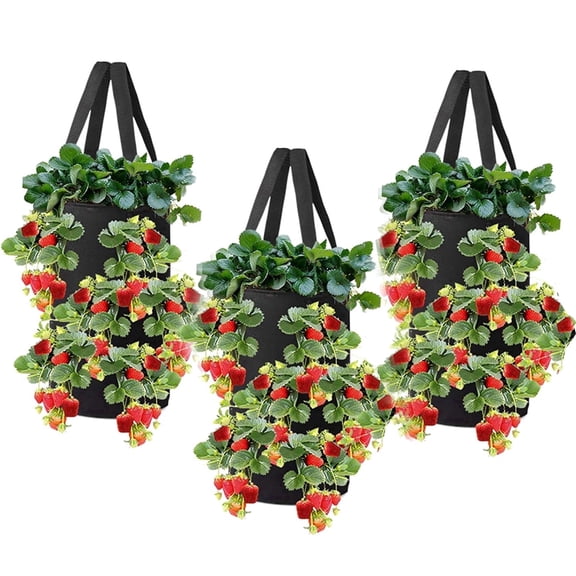 3 Pack Hanging Strawberry Grow Bags, 13-Hole Breathable Planting Bags, Reusable Non-Woven Fabric Planter Pots for Garden Balcony Patio, Black