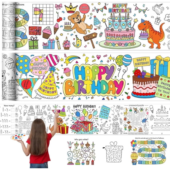 3 Pack Happy Birthday Coloring Game Poster for Kids 118x11.8 Inch Fun Game Drawing Paper Roll Giant Coloring Posters Jumbo Birthday Decoration for Classroom Activities Party Supplies