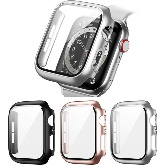 3 Pack Hard PC Case Compatible with Apple Watch Series SE 2022/6/5/4/SE 44mm, Case with Tempered Glass Screen Protector Bubble-Free Cover for iWatch Accessories, Black+Silver+Rose Gold