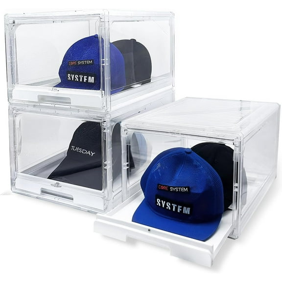 3 Pack Hat Organizer for Baseball Caps, Clear Cap Storage with Sliding Tray, Stackable Caps Holder Box Display Case Hat Rack