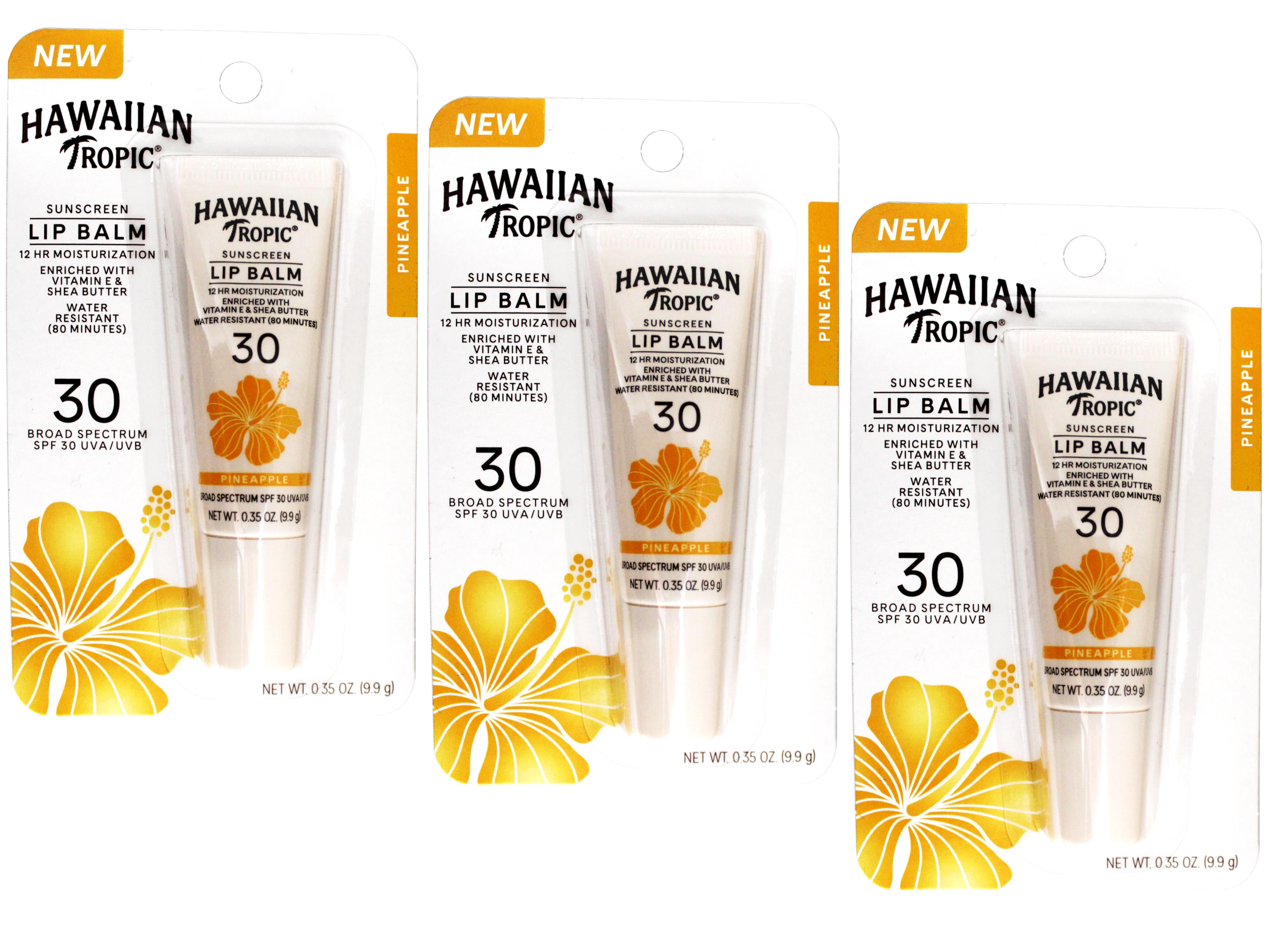 3 Pack - Hawaiian Tropic Sunscreen Lip balm SPF 30, Pineapple, 12Hr Moisturization with Vitamin E & Shea Butter, Water Resistant (80 minutes), 0.35 OZ